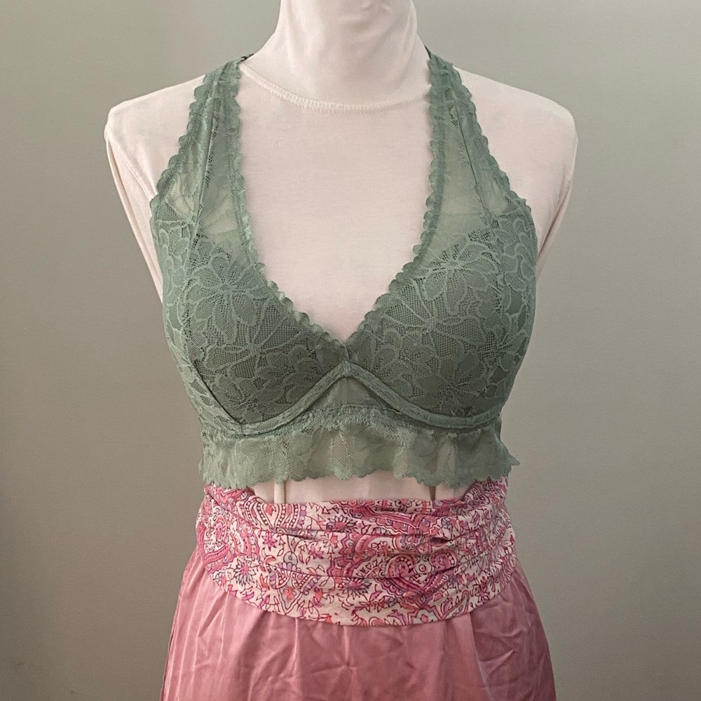 PINK Victoria's Secret Lace Halter Bralette in Sage